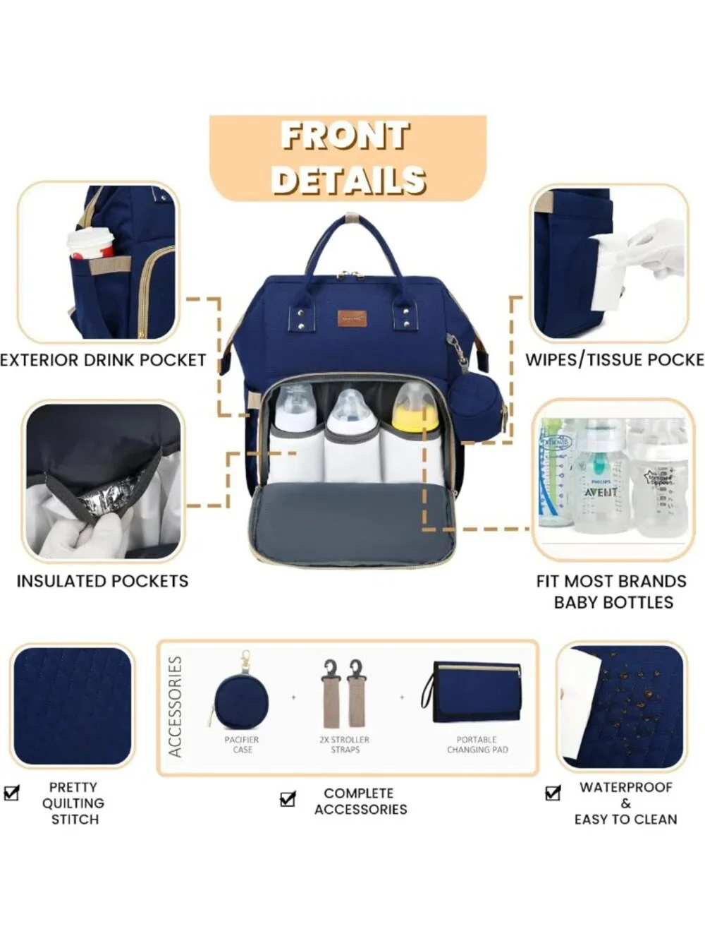 Stylish Waterproof Diaper Bag Backpack with Changing Pad & Pacifier Case - Large